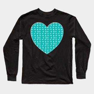 Hearts of teal. Teal, turquoise, aqua blue hearts with small white cross pattern. Long Sleeve T-Shirt